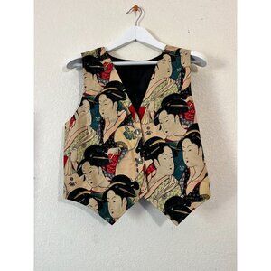 Vintage Womens Japanese Geisha Print Vest Button Front Waistcoat Multicolor
